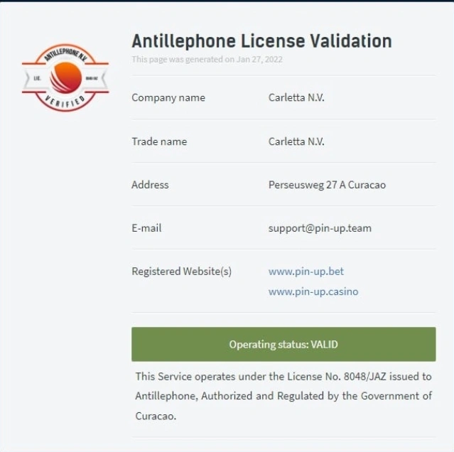 Pin-Up Casino official license.